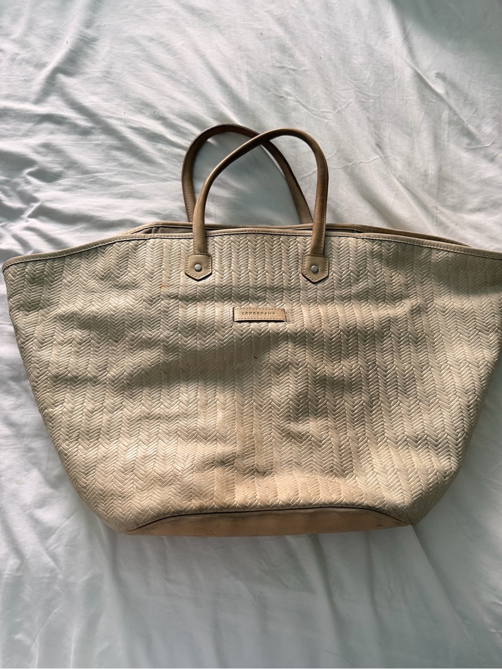 Longchamp Beige Woven Tote with Tan Handles